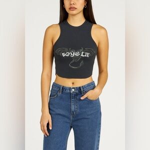 Boys Lie Tank Top One Size Black Bat Ribbed Crop Studded Gothic Y2K Streetwear